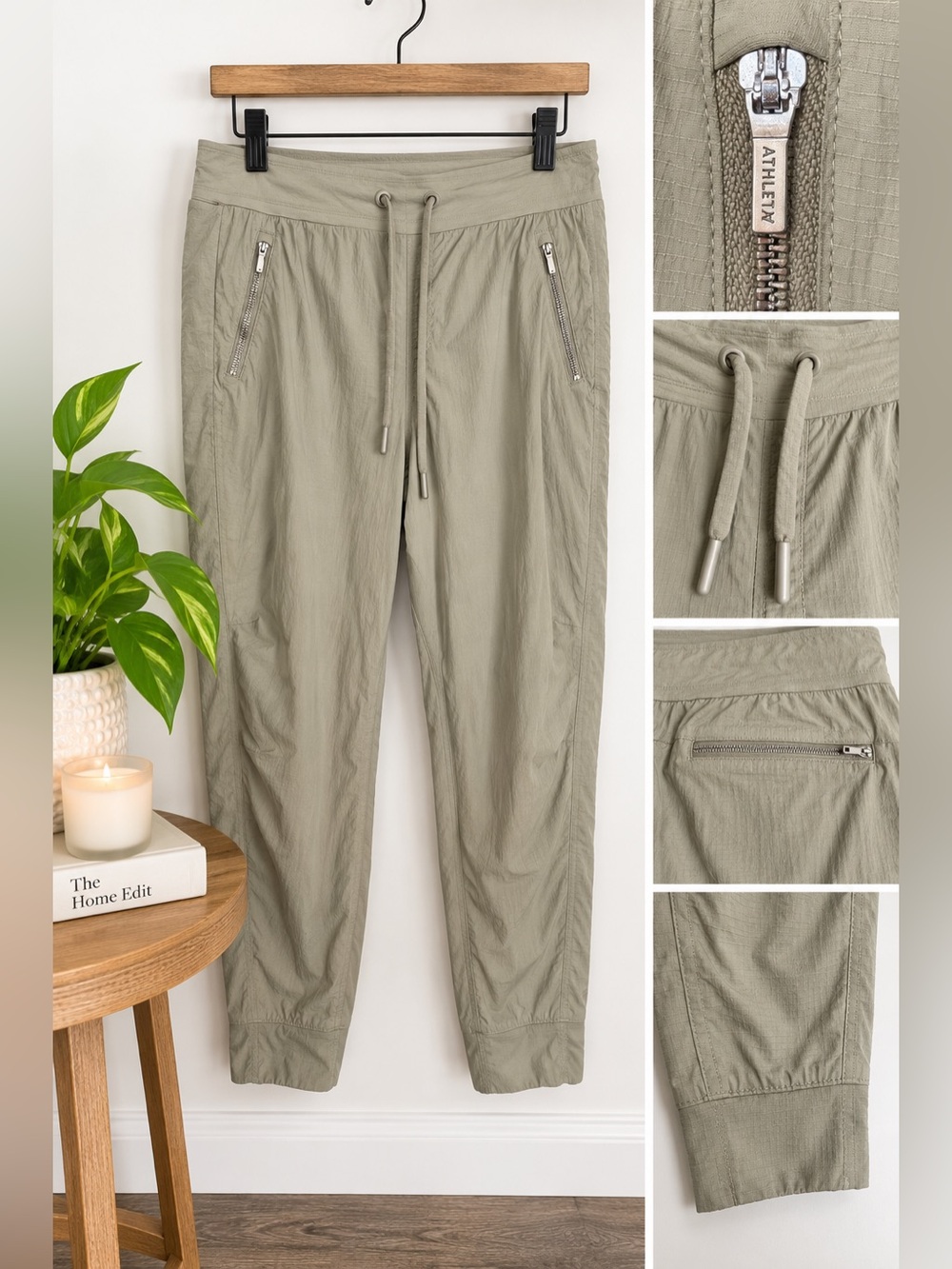 Athleta 14 Trekkie Jogger Pants 2.0 Ripstop Zip Pockets Tan Beige